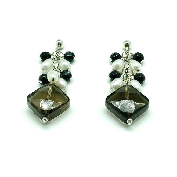 Flirty Sterling Silver Smoky Quartz Pearl Beaded Dangle Earrings - Picture 4 of 5